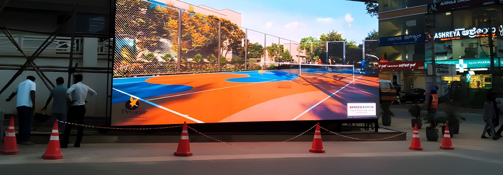 Large-format LED screen at the entrance