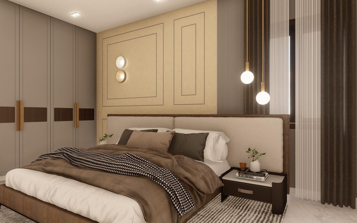 Principal bedroom — Panelled headboard wall with integrated lighting and full-height fitted wardrobes.