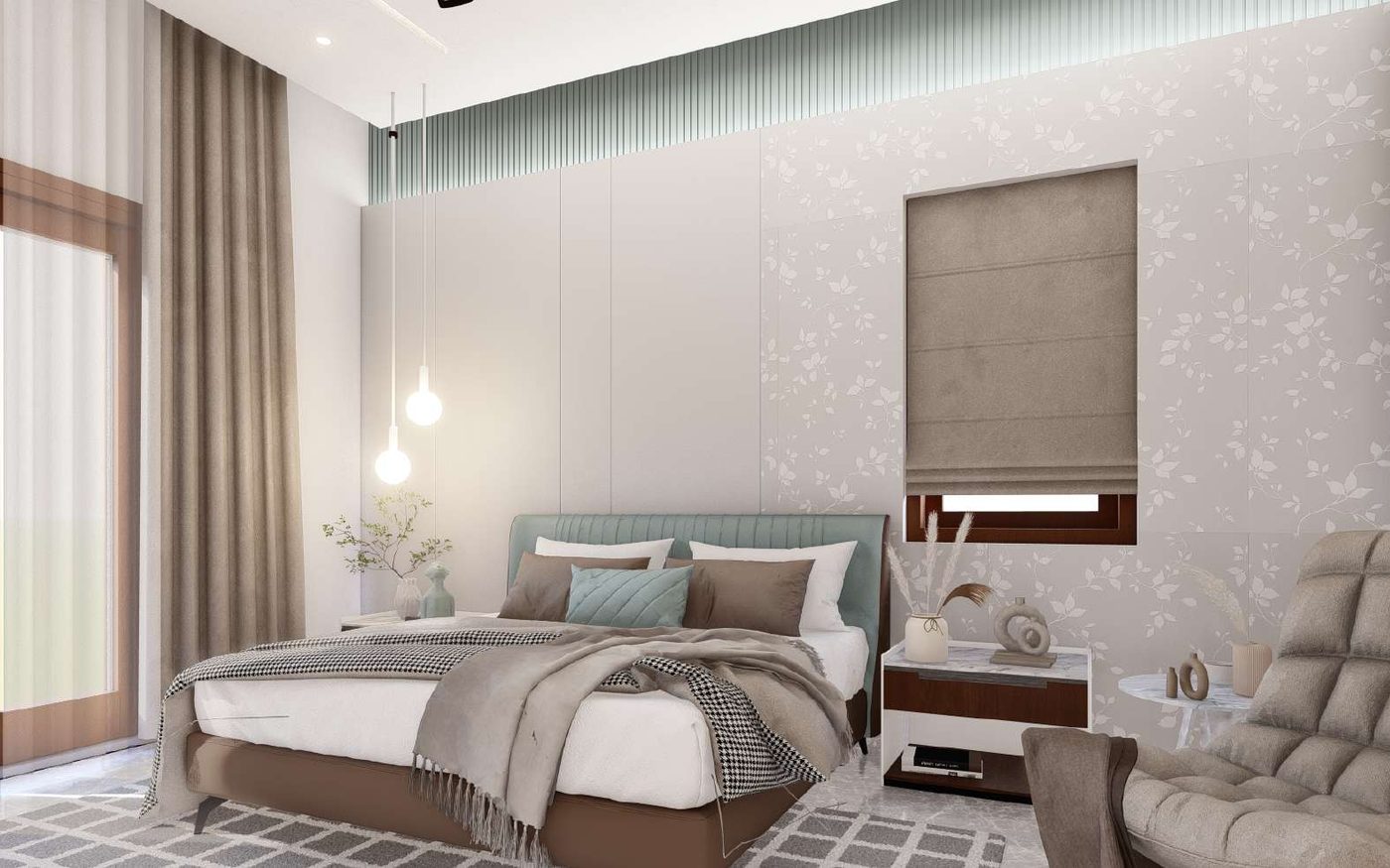 Bedroom — Upholstered headboard against a patterned wall, with a fluted ceiling detail above.