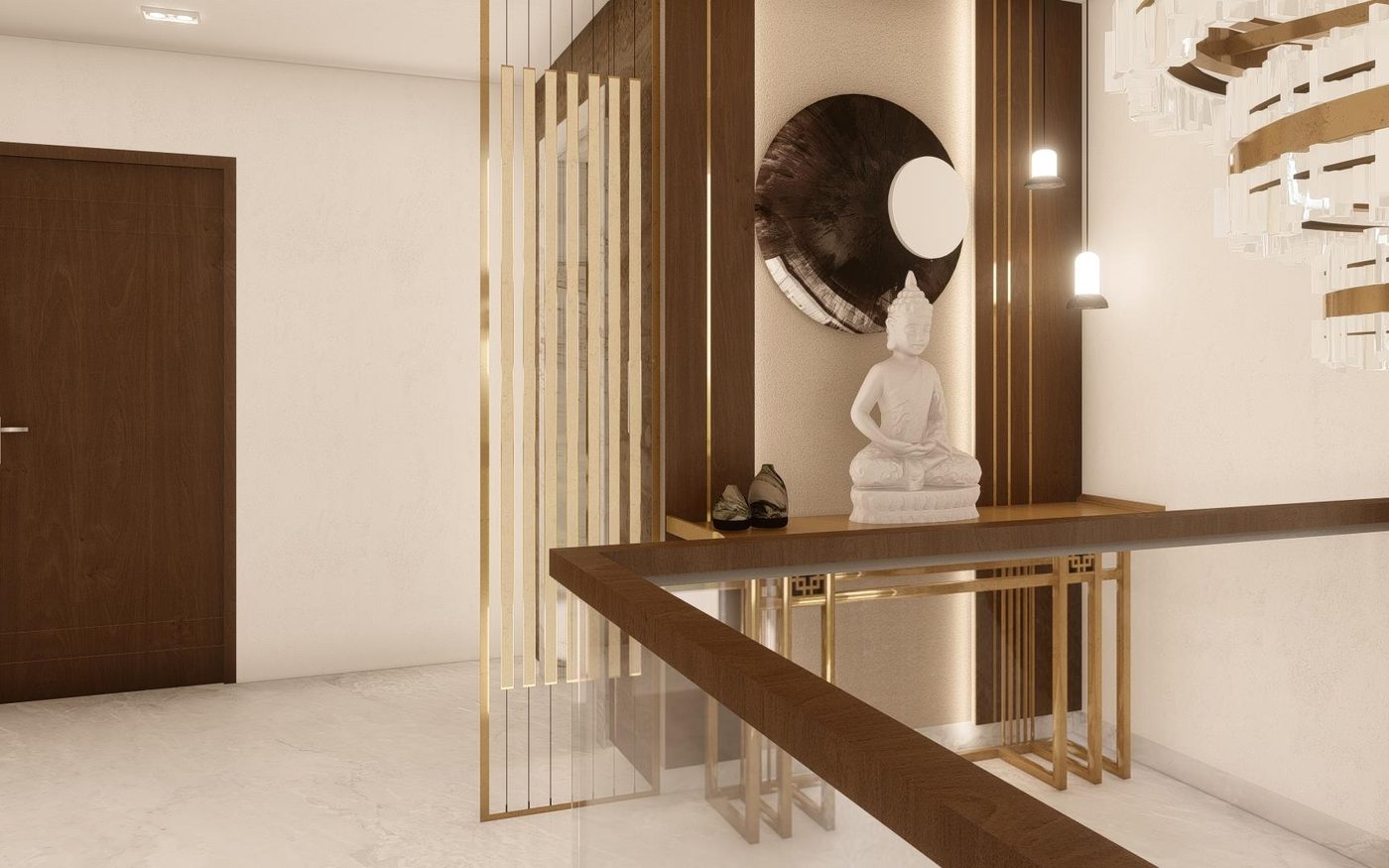 Entrance foyer — Console, screen and a lit niche framing the arrival view from the front door.