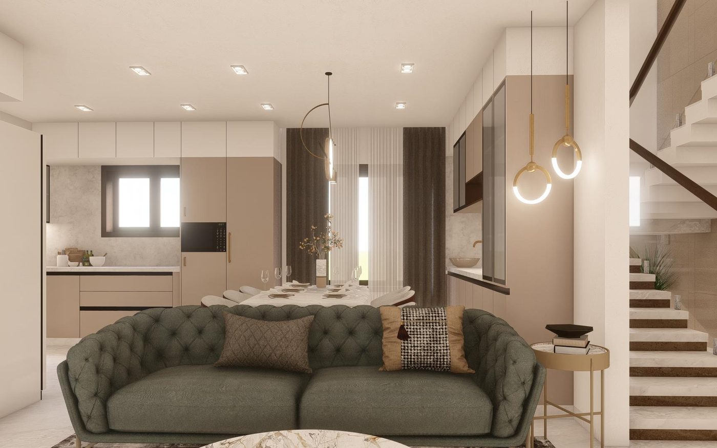 Living and dining — Open plan run to a fitted kitchen, with the stair kept as an open edge to the room.